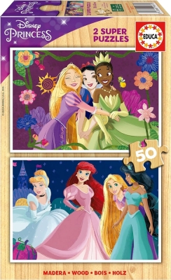 Детски дървен пъзел Educa - Дисни принцеси, 2 х 25 части