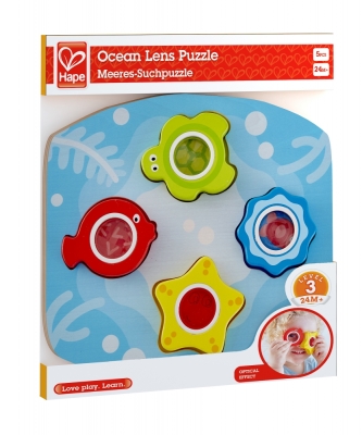 Дървен пъзел Hape - Морски животни с лещи, 5 части