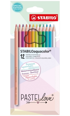 Цветни акварелни моливи Stabilo - Aquacolor Pastellove, 12 цвята