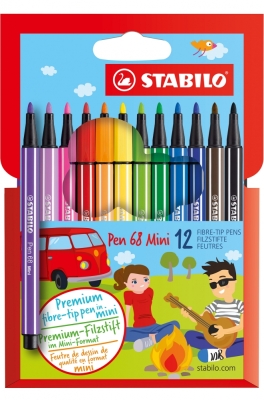 Комплект мини флумастери Stabilo - Pen 68, 12 цвята