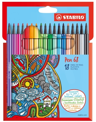 Комплект флумастери Stabilo - Pen 68, 18 цвята
