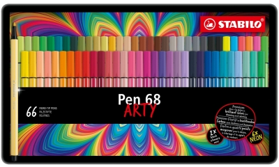 Флумастери Stabilo - Pen 68, Arty, метална кутия, 66 цвята