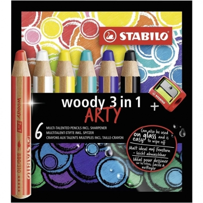 Комплект цветни моливи Stabilo - Woody 3 в 1, Arty, с острилка, 6 цвята