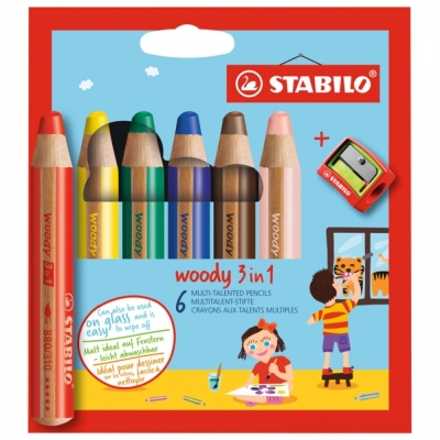 Комплект цветни моливи Stabilo - Woody 3 в 1, С острилка, 6 цвята