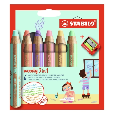 Комплект цветни моливи 3 в 1 Stabilo - Woody, Pastel, С острилка, 6 цвята