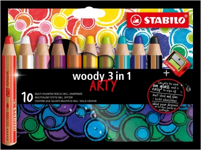 Комплект цветни моливи Stabilo - Woody 3 в 1, Arty, с острилка, 10 цвята