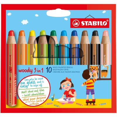 Комплект цветни моливи Stabilo - Woody 3 в 1, 10 цвята