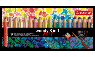 Комплект цветни моливи Stabilo - Woody Arty 3 в 1, С острилка и четка, 18 цвята