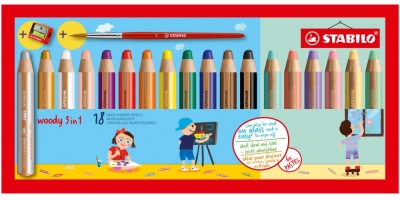 Цветни моливи Stabilo - Woody 3 в 1, Pastel, с острилка и четка, 18 цвята