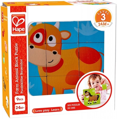 Дървен пъзел с кубчета Hape - Ферма, 9 части