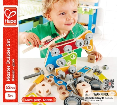 Дървен конструктор Hape - Майстор строител, 62 части