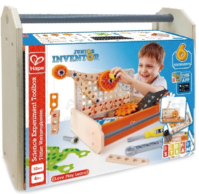 Игрален комплект Hape - Експерименти в науката, Дървена кутия, 32 части