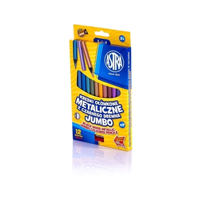 Цветни моливи Astra - Jumbo, Металик, С острилка, 12 цвята