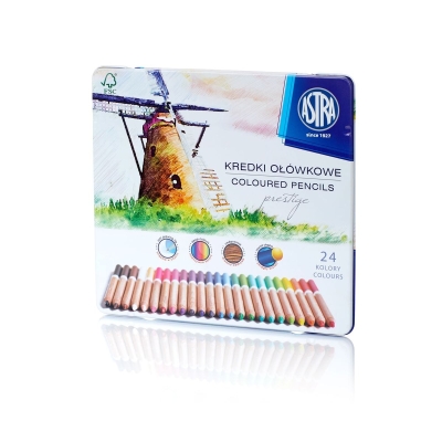 Цветни моливи от кедрово дърво Astra - Престиж, В метална кутия, 24 цвята