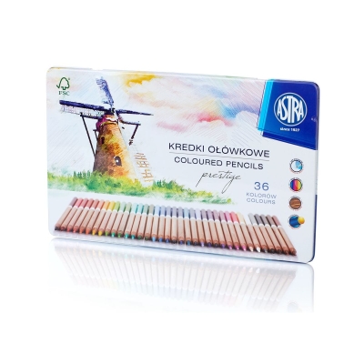 Цветни моливи от кедрово дърво Astra - Престиж, В метална кутия, 36 цвята