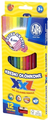 Цветни шестоъгълни моливи Astra - XXL, 12 броя, с острилка