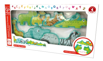 Дървен пъзел Hape - Азбука и животни, Двустранен