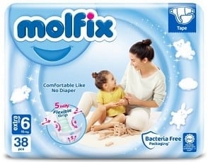 Бебешки пелени Molfix - Extra Large 6, 38 броя + Подарък мокри кърпи