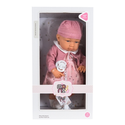 Кукла бебе Moni Toys - 41 cm, с розова шапка и биберон