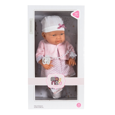 Кукла бебе Moni Toys - 41 cm, с розова рокля и биберон