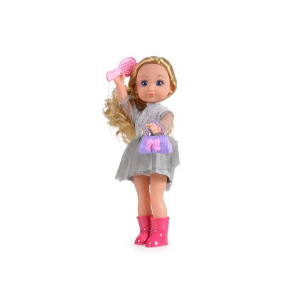 Музикална кукла Moni Toys, 36 сm, Сива рокля