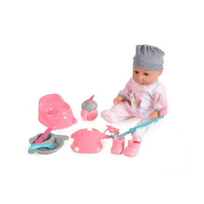 Пишкаща музикална кукла Moni Toys - 36 cm, със сива шапка