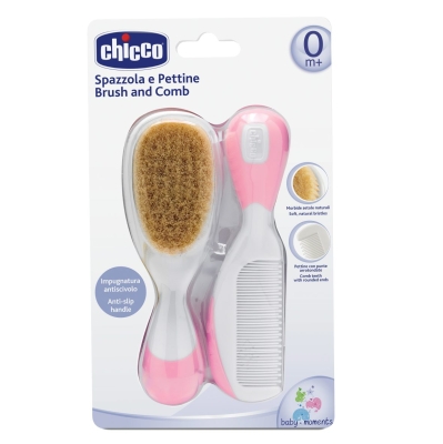 Комплект от четка и гребен Chicco, С естествен косъм, Розов