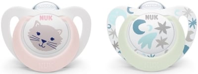 Силиконови залъгалки NUK - Star, Day/Night, 0 - 6 месеца, 2 броя, момиче