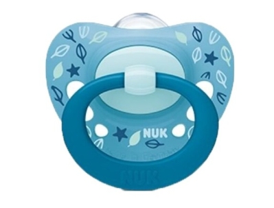 Силиконова залъгалка NUK - Signature,  Синя декорация, с кутия за стерилизиране, 18-36 m