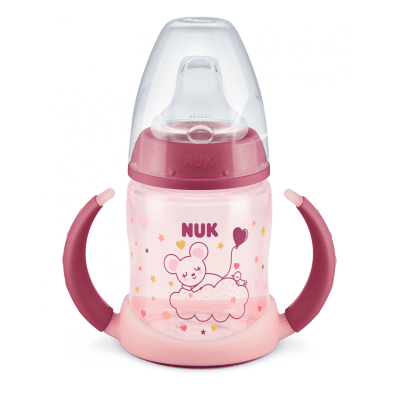 Преходна чаша със силиконов накрайник NUK - First Choice, Glow in the Dark,150 ml, Розова