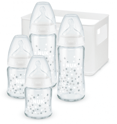 Комплект стъклени шишета Nuk - First Choice, TC, силикон, 2 x 240 ml + 2 х 120 ml + кошница