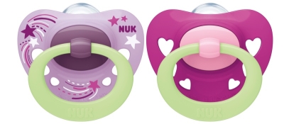 Силиконови залъгалки NUK - Signature Night, Лилави с кутия за стерилизация, 18-36 m, 2 броя