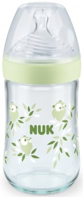 Стъклено шише със силиконов биберон NUK - Nature Sense, Softer, TC, 240 ml, размер M, Зелено