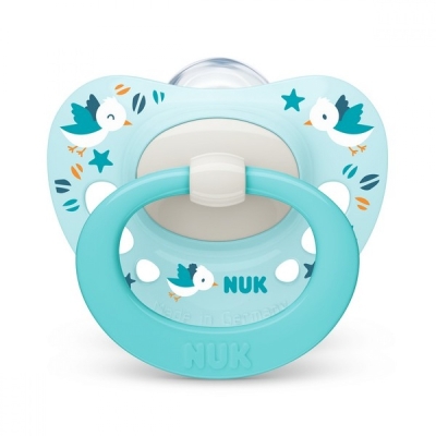 Силиконова залъгалка NUK - Signature, Птиче с кутия за стерилизиране, 0-6 m