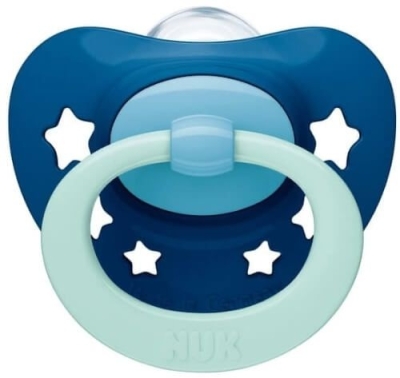 Силиконова залъгалка NUK - Signature, Синя с кутия за стерилизиране, 18-36 m