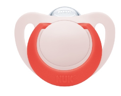 Силиконова залъгалка NUK - Star, Розова с кутия за стерилизиране, 18-36 m