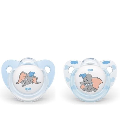 Силиконови залъгалки NUK - Dumbo, 0 - 6 месеца, 2 броя + кутийка за съхранение и стерилизация