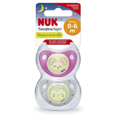 Силиконови залъгалки NUK - Trendline Night, Мишле и Овца с кутия за стерилизиране, 6-18 m, 2 броя
