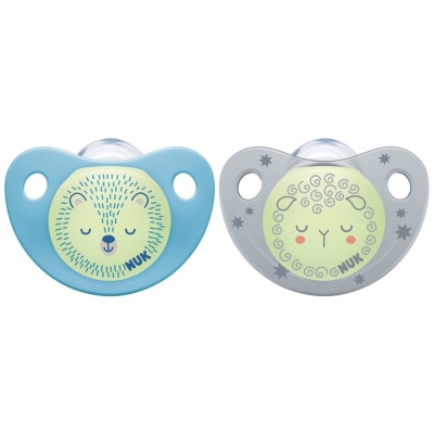 Силиконови залъгалки NUK - Trendline Night, Мече и Овца с кутия за стерилизиране, 6-18 m, 2 броя