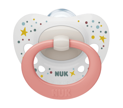 Силиконова залъгалка NUK - Signature, 0-6 месеца, Бяла с розова дръжка + кутийка за съхранение и стерилизация
