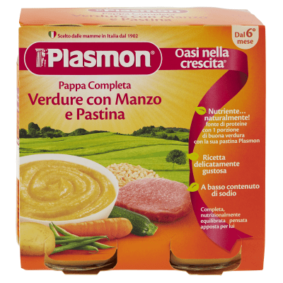 Месно пюре Plasmon - Говеждо със зеленчуци и паста, 2 х 190 g