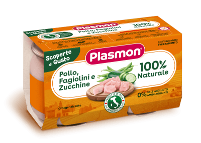 Пюре Plasmon - Пилешко, зелен фасул и тиквички, 2 х 120 g