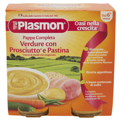 Месно пюре Plasmon - Свинско със зеленчуци и паста, 2 х 190 g