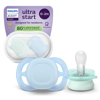 Залъгалки Philips Avent - Ultra Start, за момче, пастелни цветове с кутия за стерилизиране, 0-2 m, 2 броя