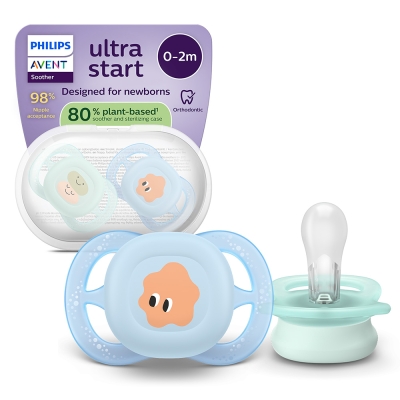 Залъгалки Philips Avent - Ultra Start, за момче, очички с кутия за стерилизиране, 0-2 m, 2 броя