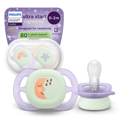 Залъгалки Philips Avent - Ultra Start Night, за момиче, луна и звезда с кутия за стерилизиране, 0-2 m, 2 броя