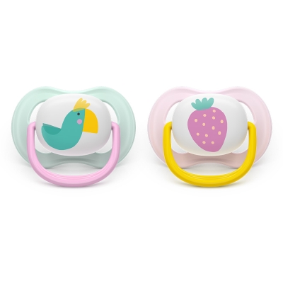 Залъгалки Philips Avent - Ultra Air, с декорация Папагал и ягода с кутия за стерилизиране, 0-6 m, 2 броя