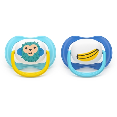 Залъгалки Philips Avent - Ultra Air, с декорация Маймунка и банан с кутия за стерилизиране, 6-18 m, 2 броя