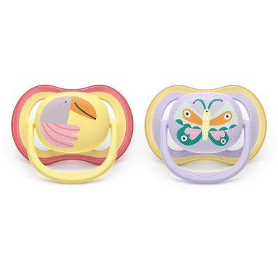 Залъгалки Philips Avent - Ultra Air, с декорация Пеперуда и птица с кутия за стерилизиране, 0-6 m, 2 броя