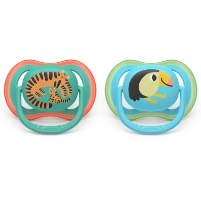 Залъгалки Philips Avent - Ultra Air, с декорация Тукан и тигър с кутия за стерилизиране, 6-18 m, 2 броя
